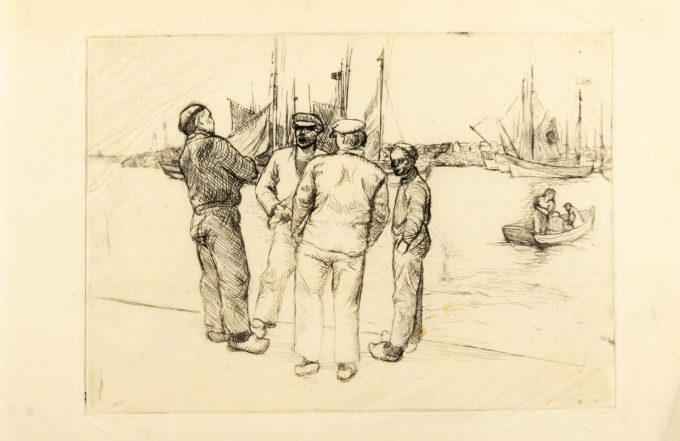 In this etching, four man stand in a circle on the edge of a harbor. In the water, a small boat sails towards them.