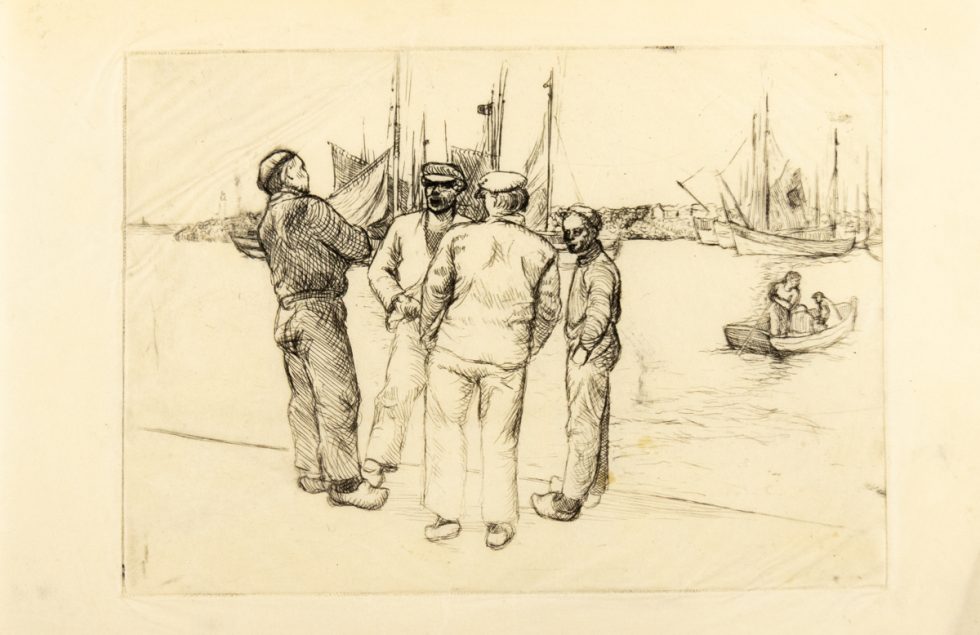 In this etching, four man stand in a circle on the edge of a harbor. In the water, a small boat sails towards them.
