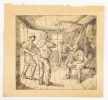 In this etching, a few men are gathered in a room filled with light. The ground is wood paneled.
