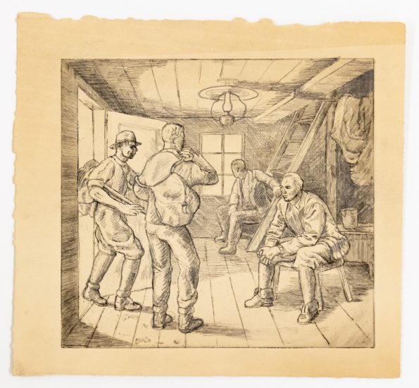 In this etching, a few men are gathered in a room filled with light. The ground is wood paneled.