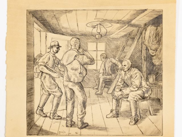 In this etching, a few men are gathered in a room filled with light. The ground is wood paneled.