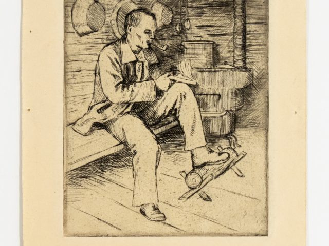 In this etching, a man sits in his house with his feet elevated. He is focused on a book.