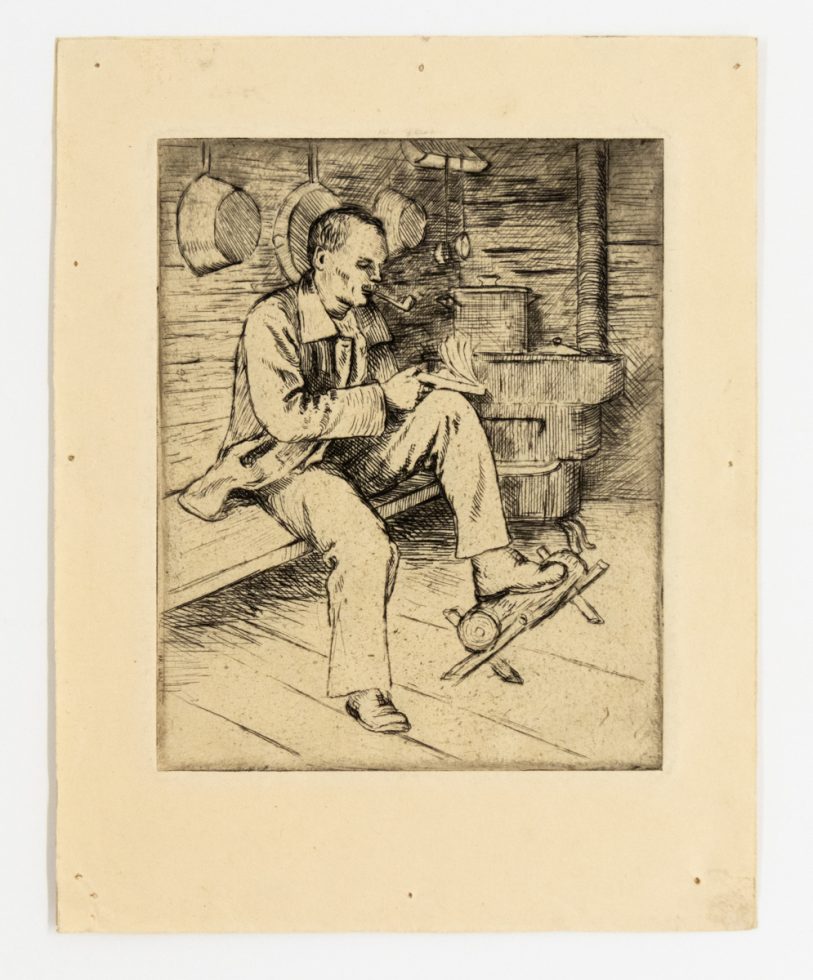 In this etching, a man sits in his house with his feet elevated. He is focused on a book.
