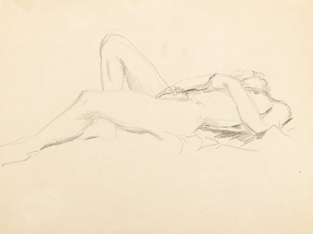 This is a pencil sketch of a nude man laying down.