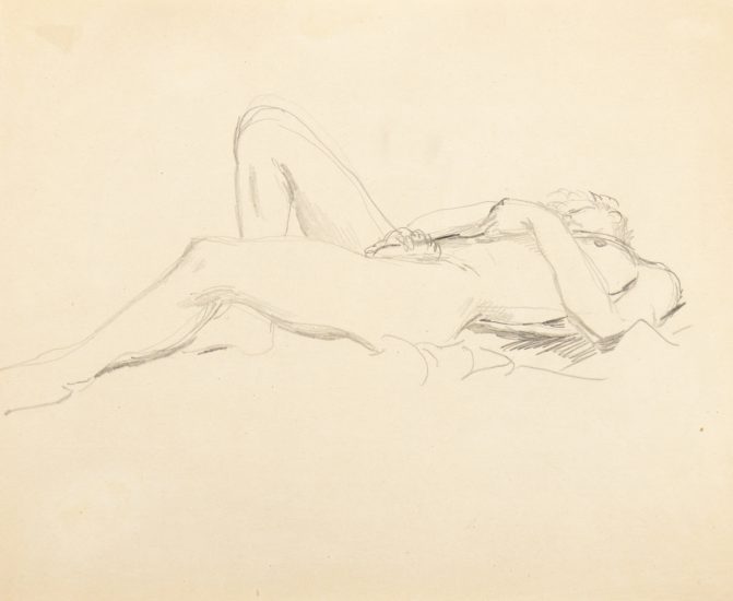 This is a pencil sketch of a nude man laying down.