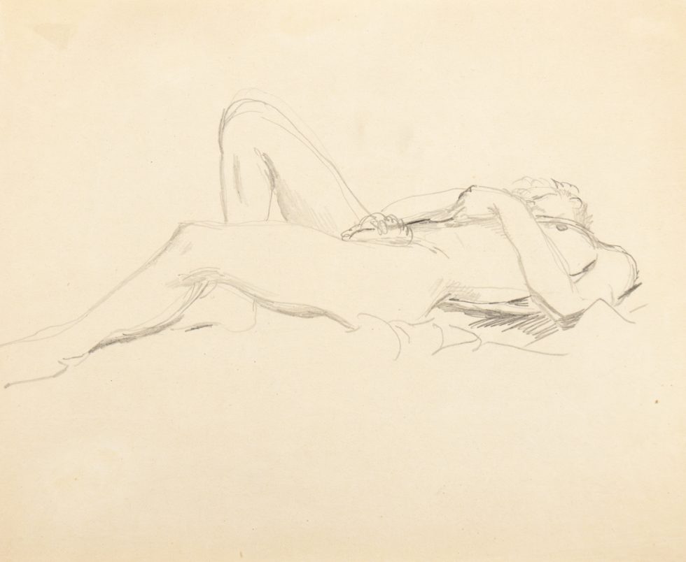 This is a pencil sketch of a nude man laying down.