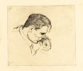 In this etching, Don Freeman is pictured with his hand clutching a pencil.