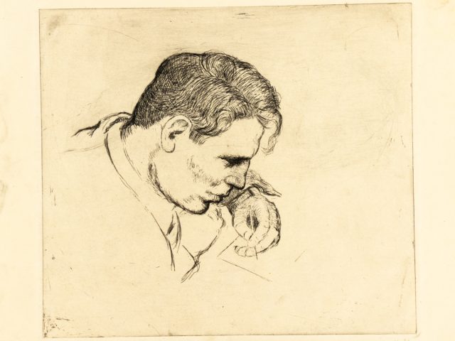 In this etching, Don Freeman is pictured with his hand clutching a pencil.