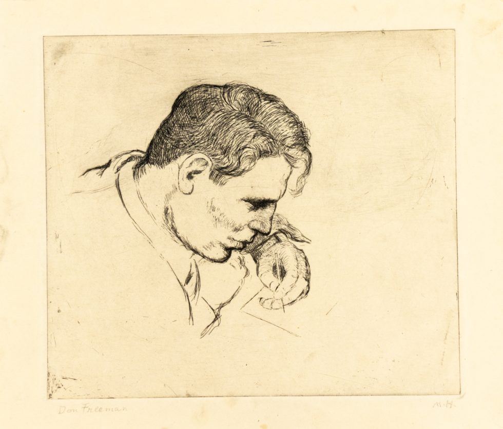 In this etching, Don Freeman is pictured with his hand clutching a pencil.