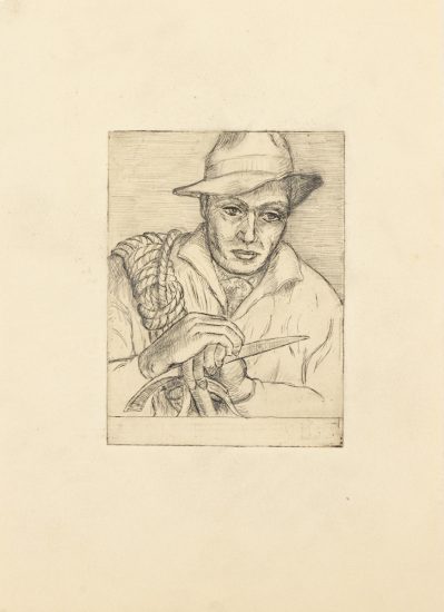 In this drawing, a man is shown holding a knife. He wears a hat.
