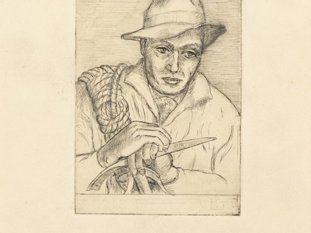 In this drawing, a man is shown holding a knife. He wears a hat.