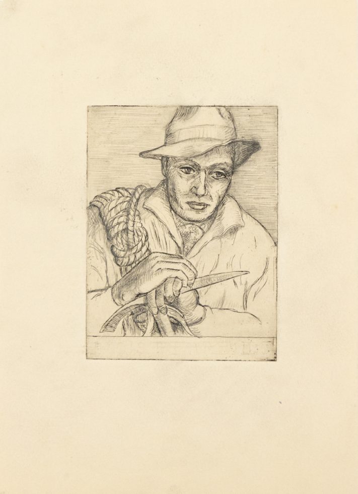 In this drawing, a man is shown holding a knife. He wears a hat.
