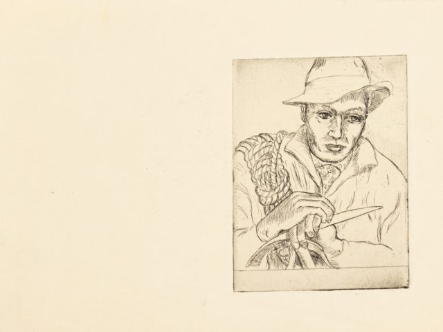 In this drawing, a man wearing a hat looks off to the right. He clutches a sharp knife.