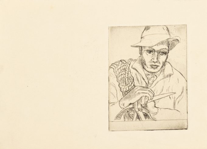 In this drawing, a man wearing a hat looks off to the right. He clutches a sharp knife.