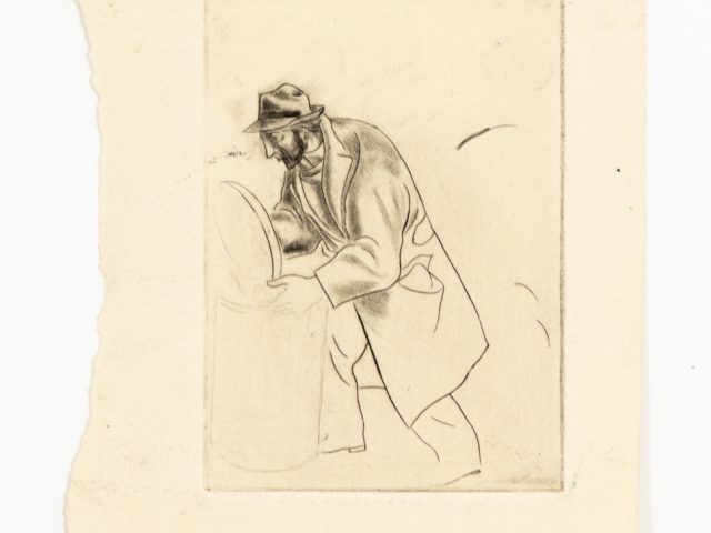 This etching shows a hunched man walking off to the right with a trash can.