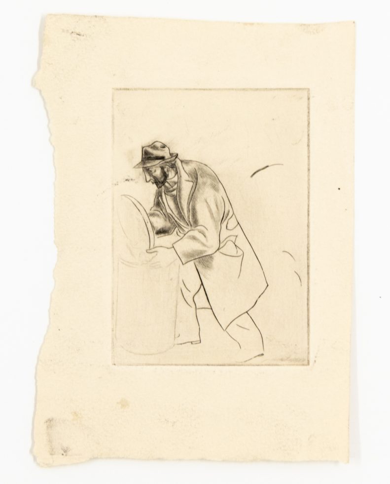 This etching shows a hunched man walking off to the right with a trash can.