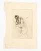 This etching shows a hunched man walking off to the right with a trash can.