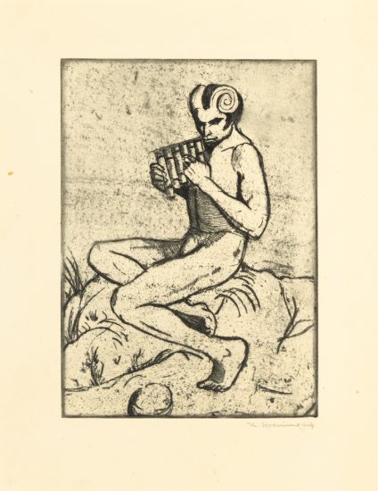 This is an etching depicting Pan playing a musical instrument.