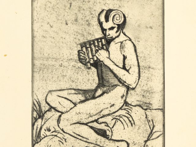 This is an etching depicting Pan playing a musical instrument.