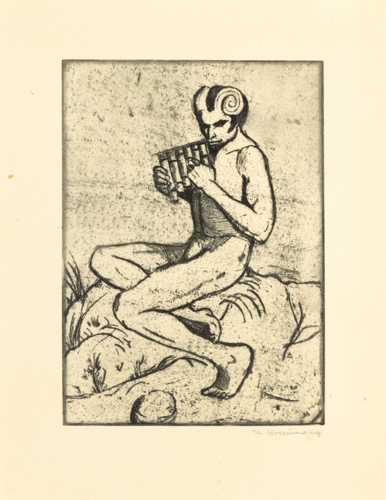This is an etching depicting Pan playing a musical instrument.
