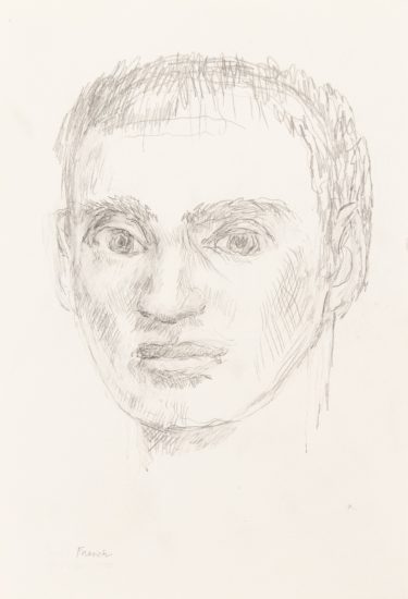 This graphite drawing shows a man facing forwards from the neck up.