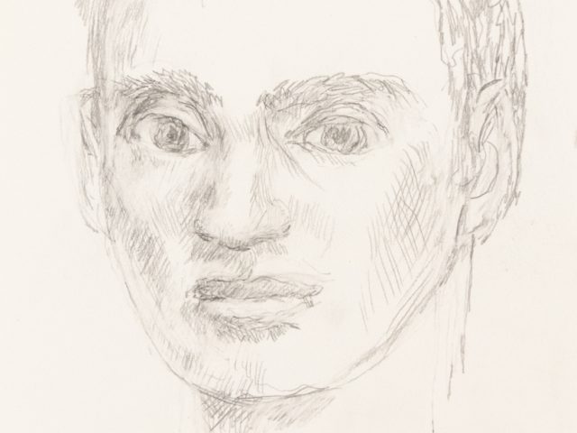 This graphite drawing shows a man facing forwards from the neck up.