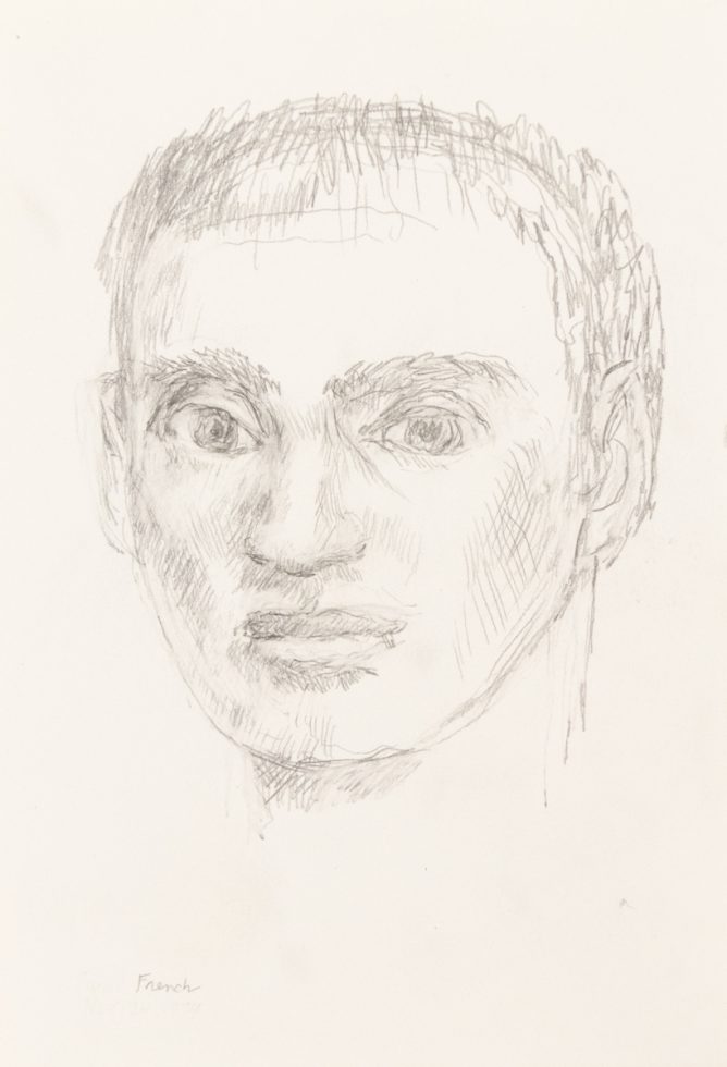 This graphite drawing shows a man facing forwards from the neck up.