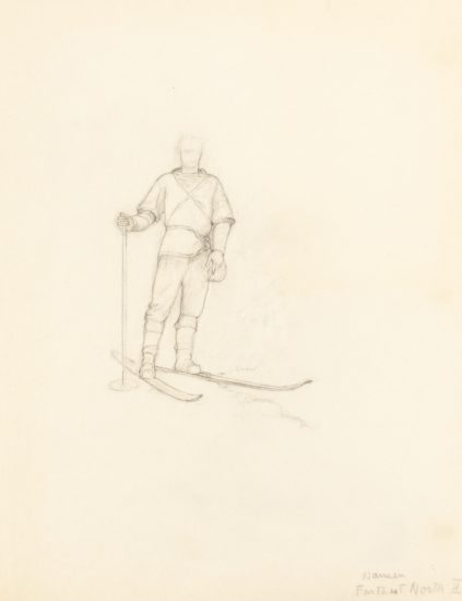 This drawing outlines the figure of a skier floating on the top half of the page.