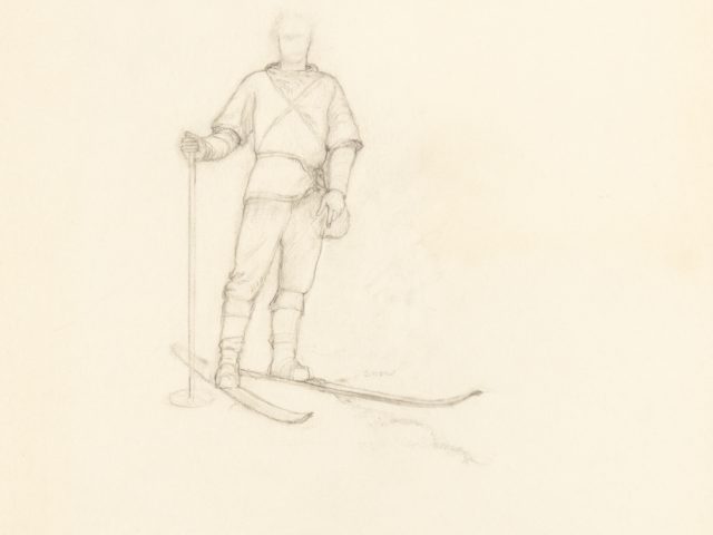 This drawing outlines the figure of a skier floating on the top half of the page.