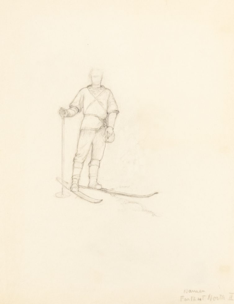 This drawing outlines the figure of a skier floating on the top half of the page.