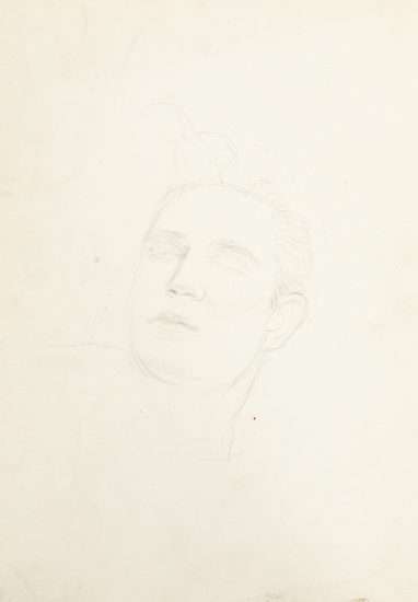 This is a pencil sketch of the head of a man with his eyes closed.