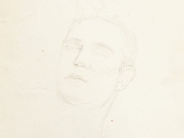 This is a pencil sketch of the head of a man with his eyes closed.