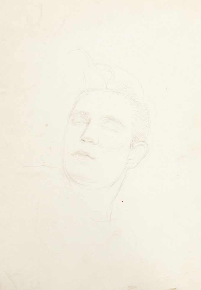 This is a pencil sketch of the head of a man with his eyes closed.