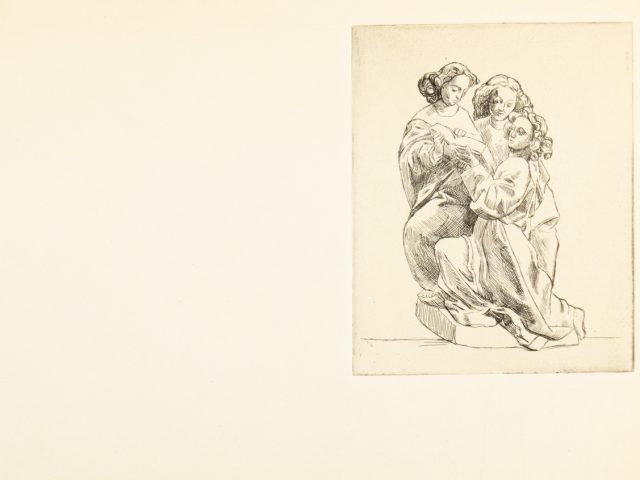 This drawing depicts a statue detailing three women crowded together. They hold a book and they are dressed in long robes.