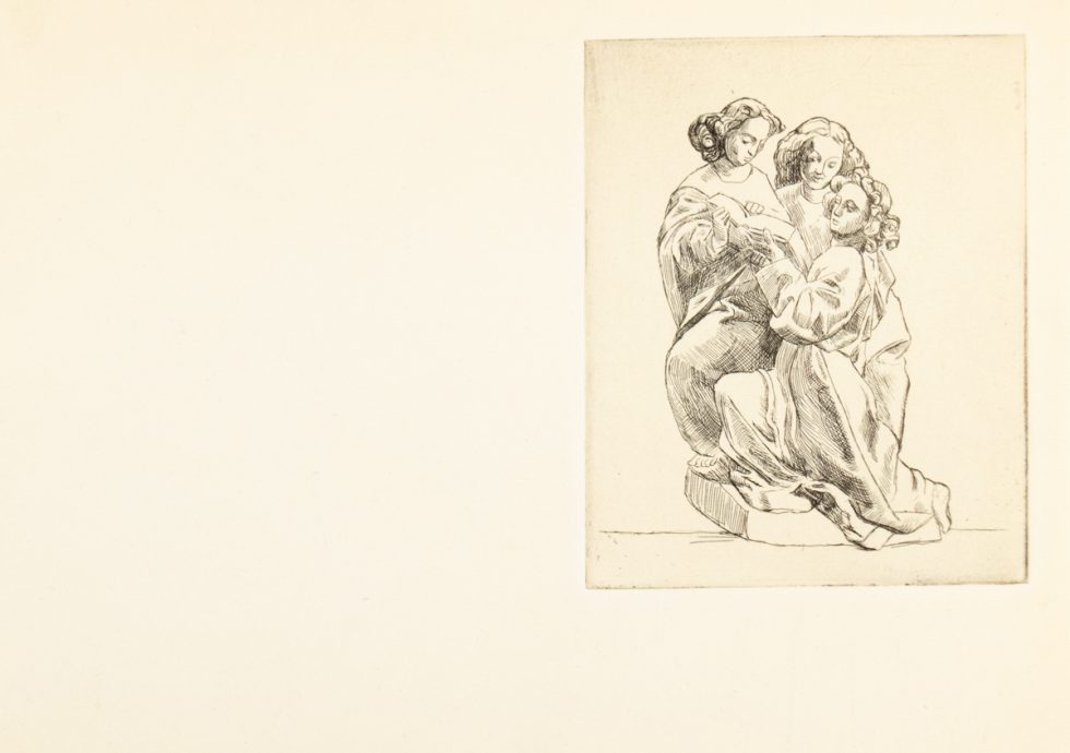 This drawing depicts a statue detailing three women crowded together. They hold a book and they are dressed in long robes.