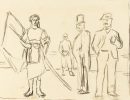 This is a pencil sketch of a woman holding a flag and two men in top hats.