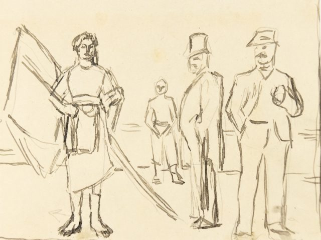 This is a pencil sketch of a woman holding a flag and two men in top hats.