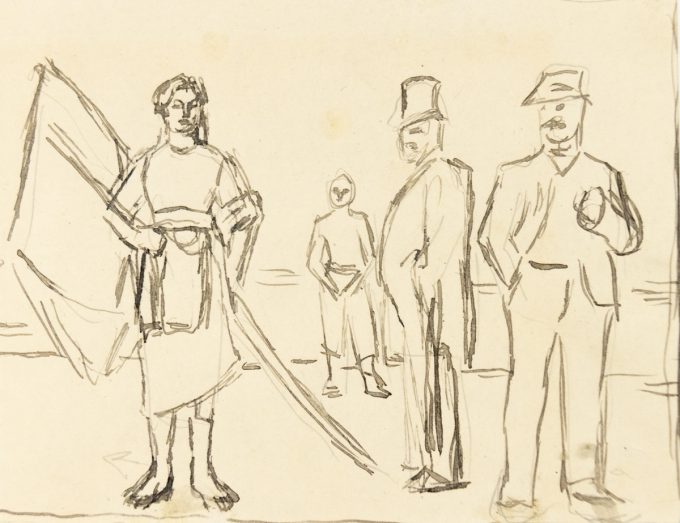 This is a pencil sketch of a woman holding a flag and two men in top hats.