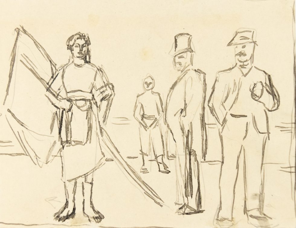 This is a pencil sketch of a woman holding a flag and two men in top hats.
