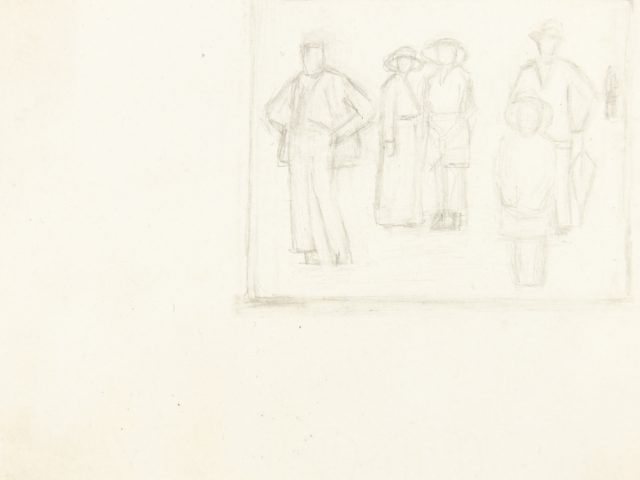 This is a pencil sketch of a group of people in a box at the top right of the page.