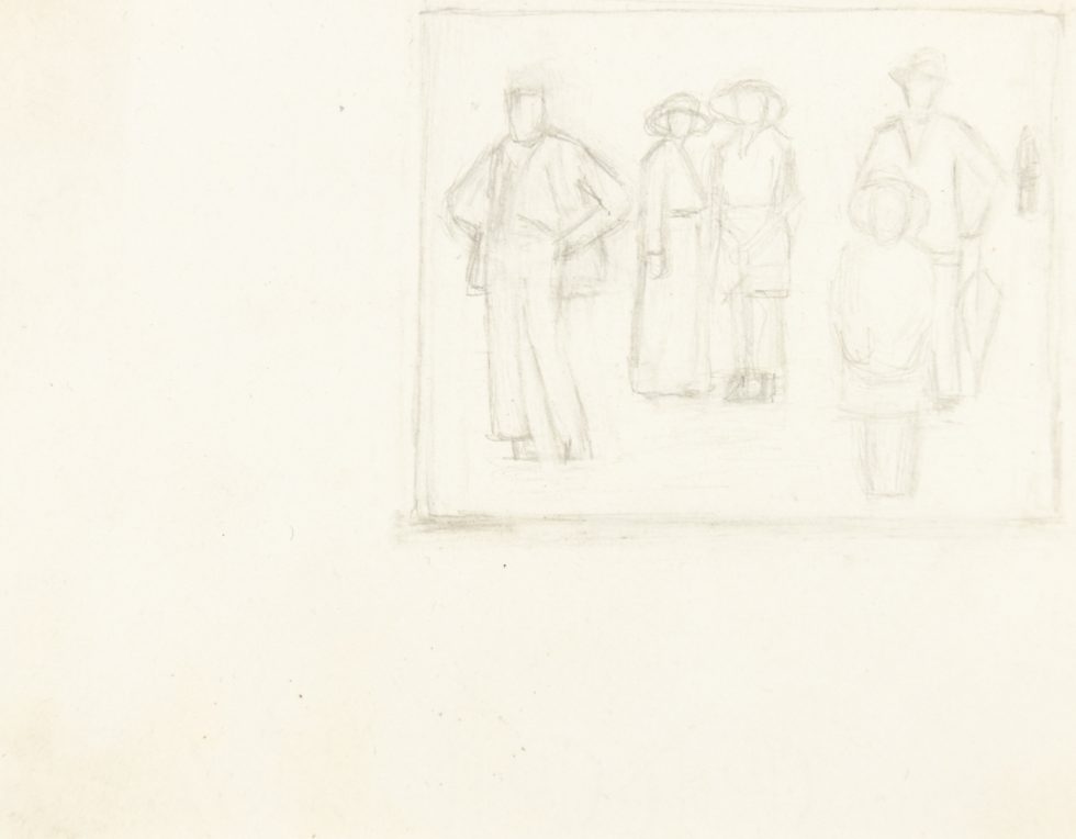 This is a pencil sketch of a group of people in a box at the top right of the page.