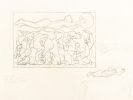 In this drawing, many human figures are layered in a crowd. Overtop of their heads, a tall figure stretched, face down, floating in the air while clutching an orb.