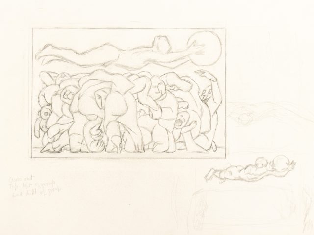 In this drawing, many human figures are layered in a crowd. Overtop of their heads, a tall figure stretched, face down, floating in the air while clutching an orb.
