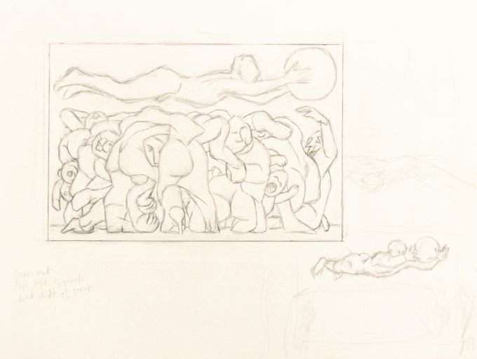 In this drawing, many human figures are layered in a crowd. Overtop of their heads, a tall figure stretched, face down, floating in the air while clutching an orb.