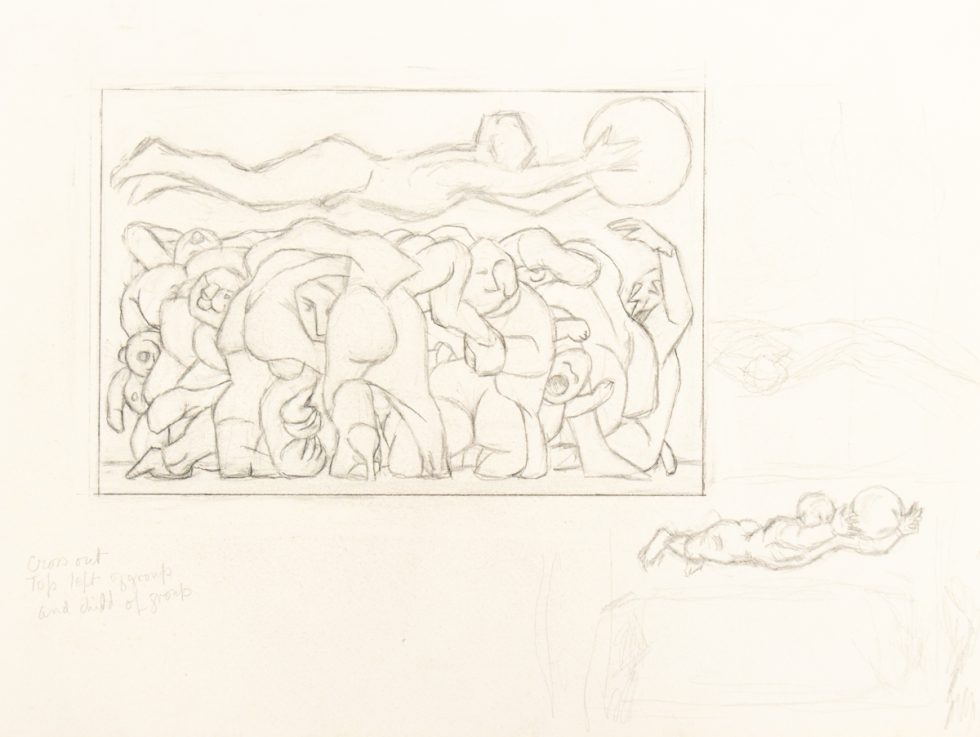 In this drawing, many human figures are layered in a crowd. Overtop of their heads, a tall figure stretched, face down, floating in the air while clutching an orb.