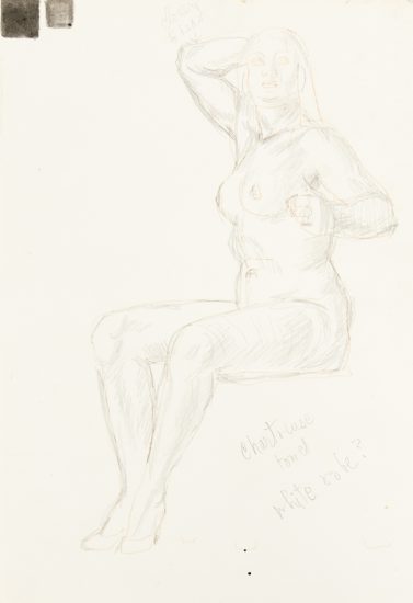 This is a pencil sketch of a nude woman sitting with her right arm behind her head