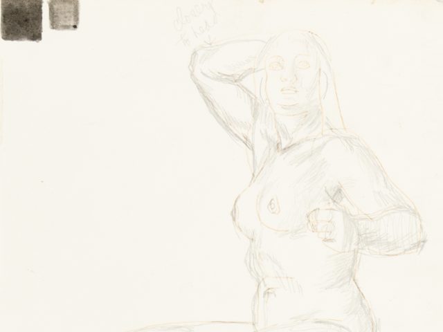 This is a pencil sketch of a nude woman sitting with her right arm behind her head