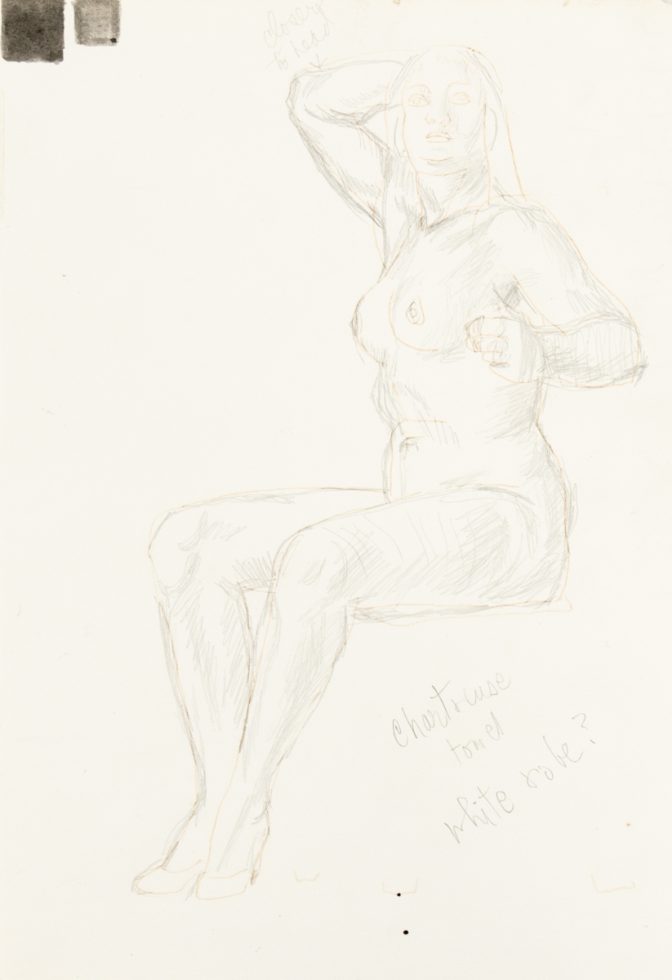 This is a pencil sketch of a nude woman sitting with her right arm behind her head