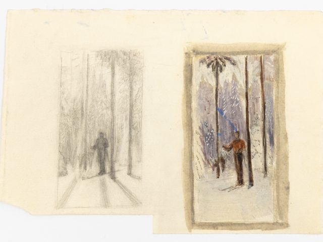 In this color drawing, two vertical panels show a winter scene where skiers wearing red enter the woods.