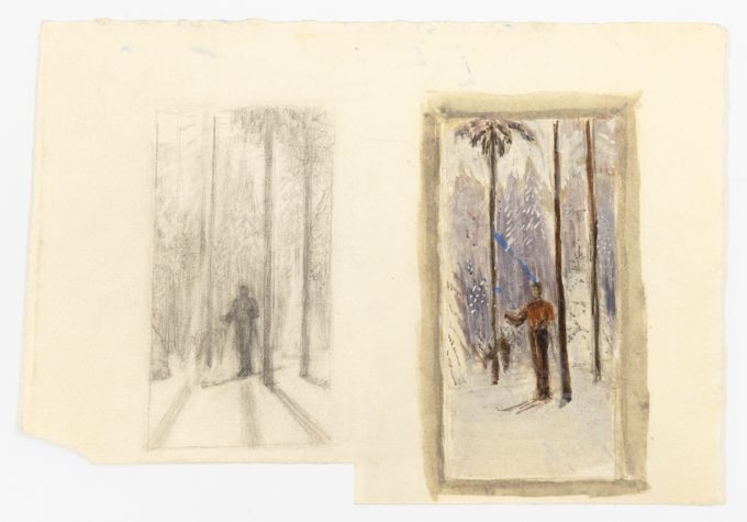 In this color drawing, two vertical panels show a winter scene where skiers wearing red enter the woods.